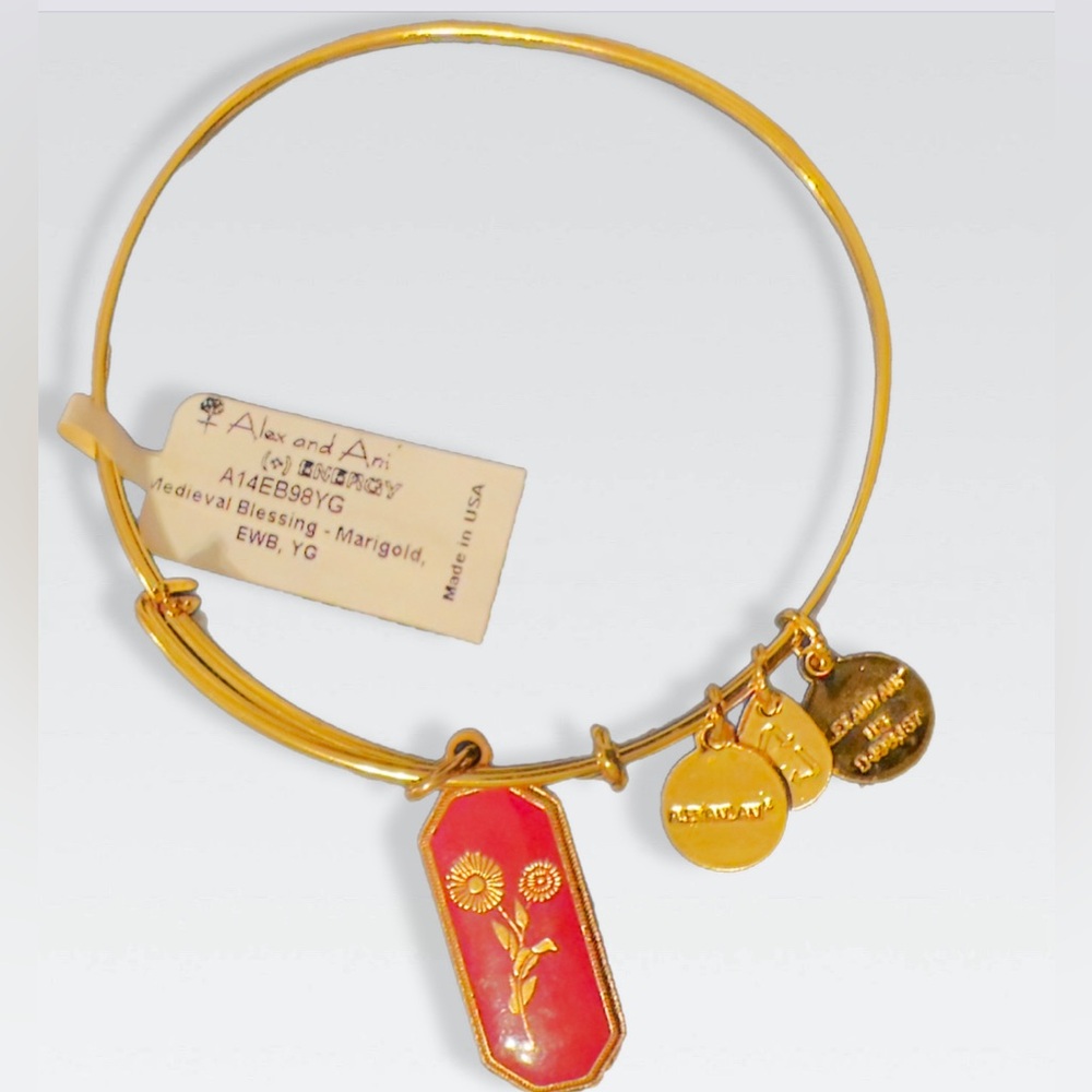 Alex and Ani Marigold gold tone bracelet dark red tone charm NWT